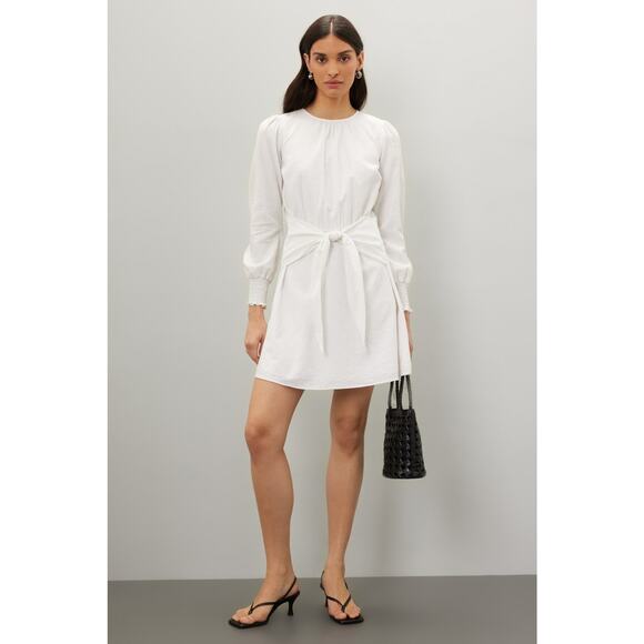 MICHAEL KORS White Long Sleeve Crewneck Linen Tie Front Mini Dress Size Medium - Picture 1 of 11